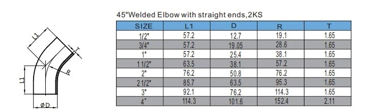 45°Welded Elbow with straight ends,2KS